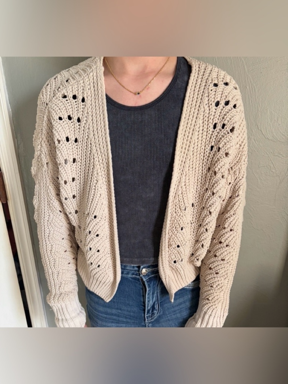 Amazon Cream Open-Front Eyelet Knit Cardigan